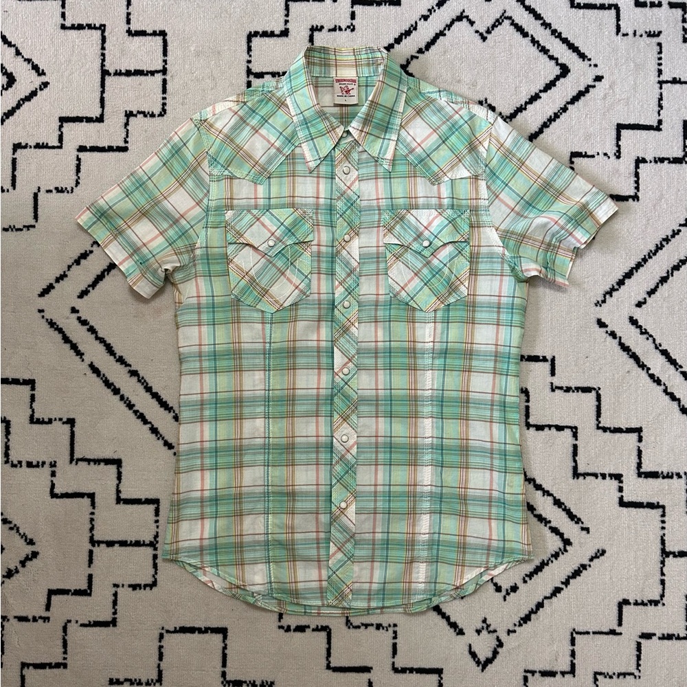 Mens True Religion Plaid Western Shirt Short Sleeve